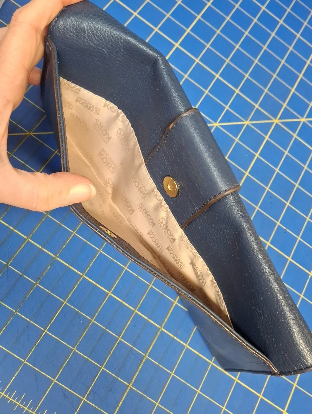 Michael Kors Navy Leather Buckle Clutch Gold Hardware 11x5x0.75 Preloved